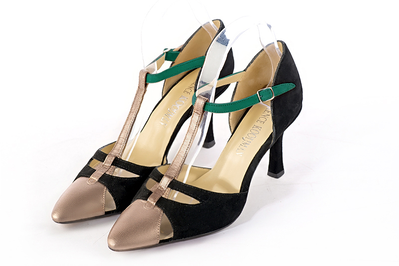 Tan beige, matt black and emerald green women's T-strap open side shoes. Tapered toe. High slim heel. Front view - Florence KOOIJMAN